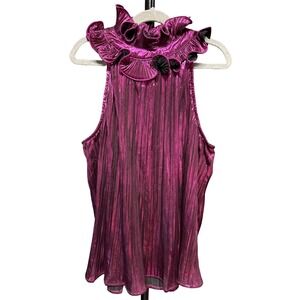 Glam Metallic Top M Pink Magenta Pleated Ruffle Neck Sleeveless Shiny Blouse NWT